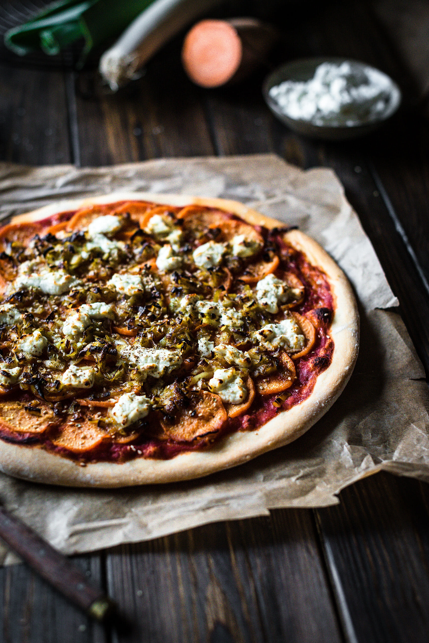 Pizza patate douce poireaux chèvre frais - Lilie Bakery