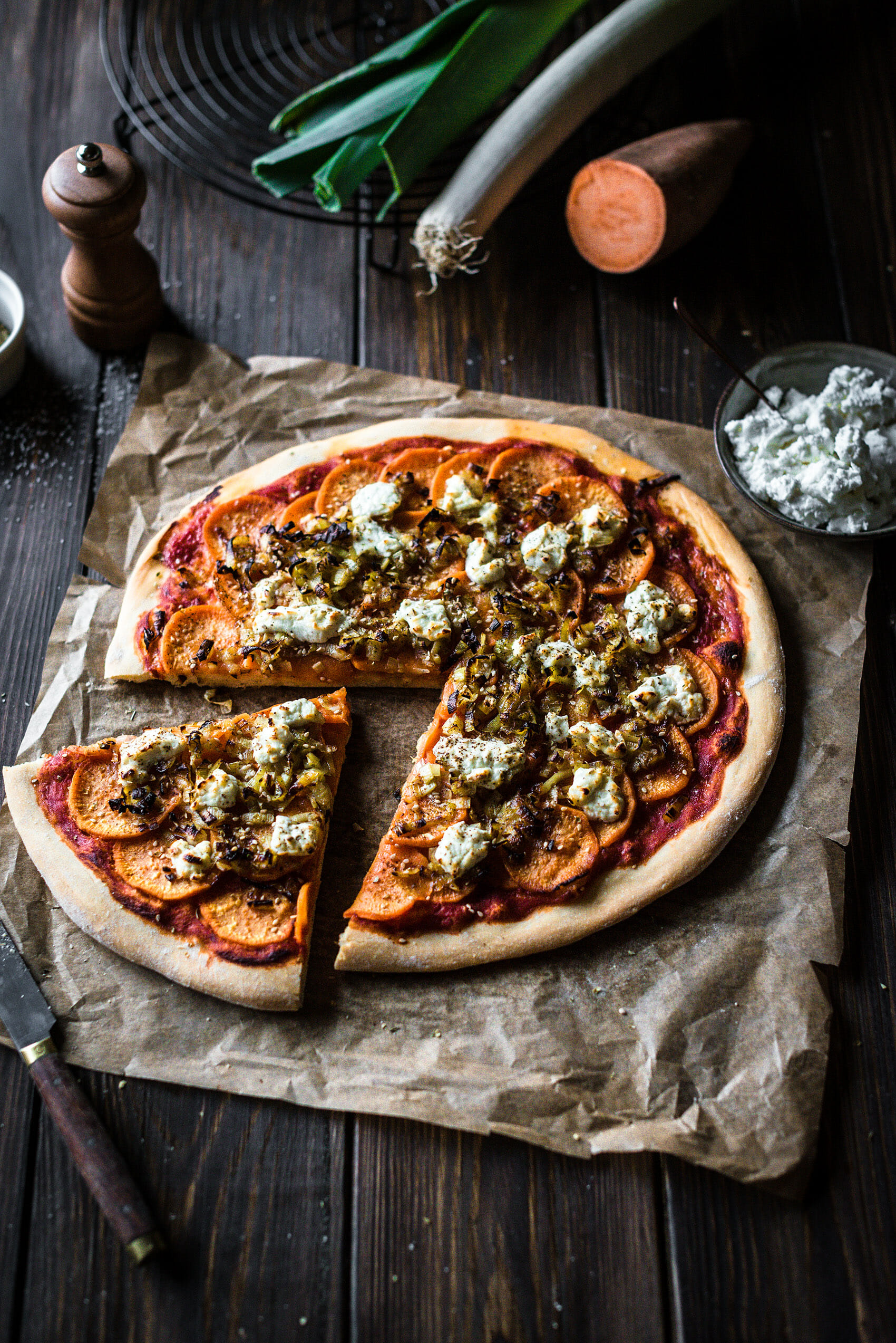 Pizza patate douce poireaux chèvre frais - Lilie Bakery