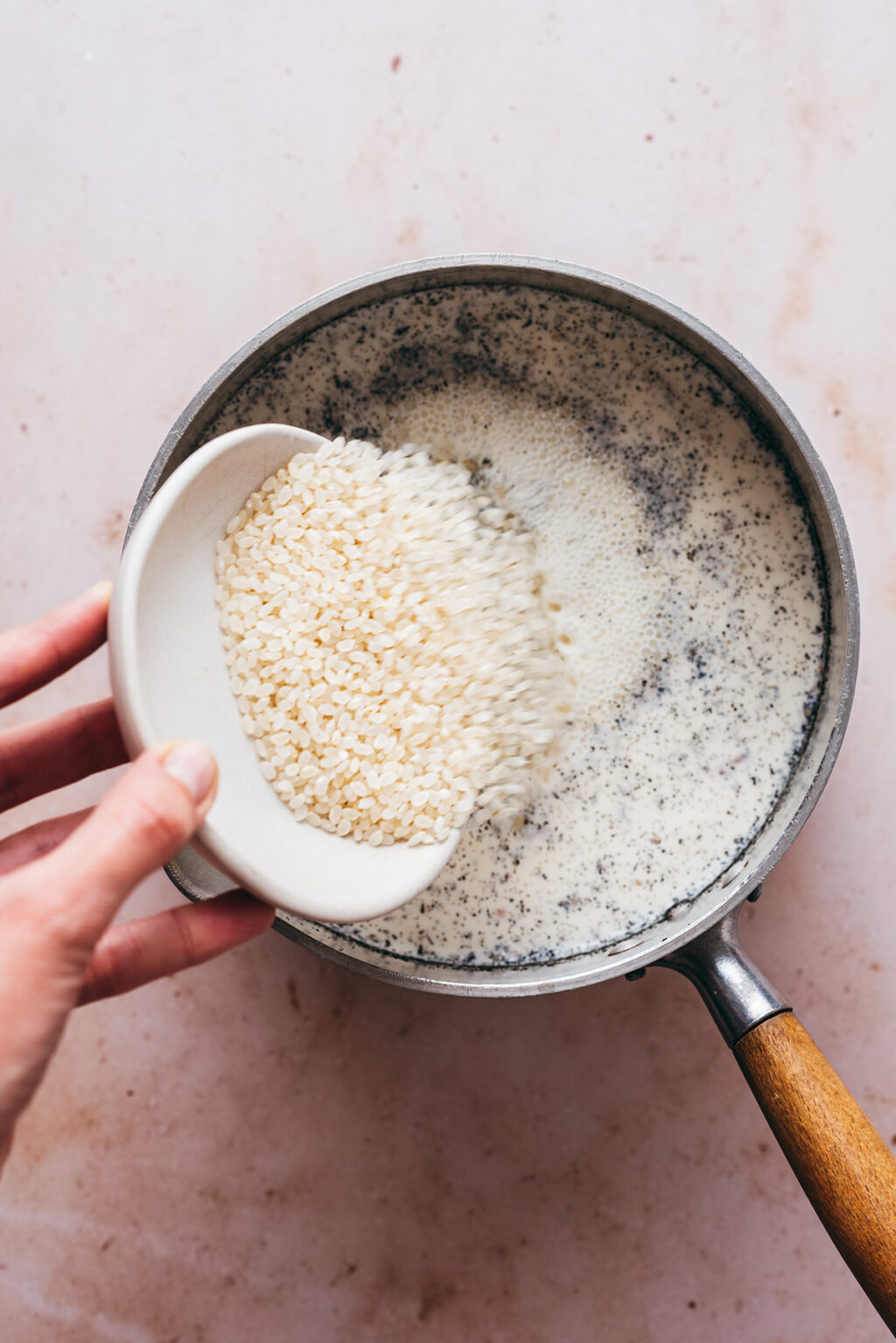 Add rice to pan - Lilie Bakery